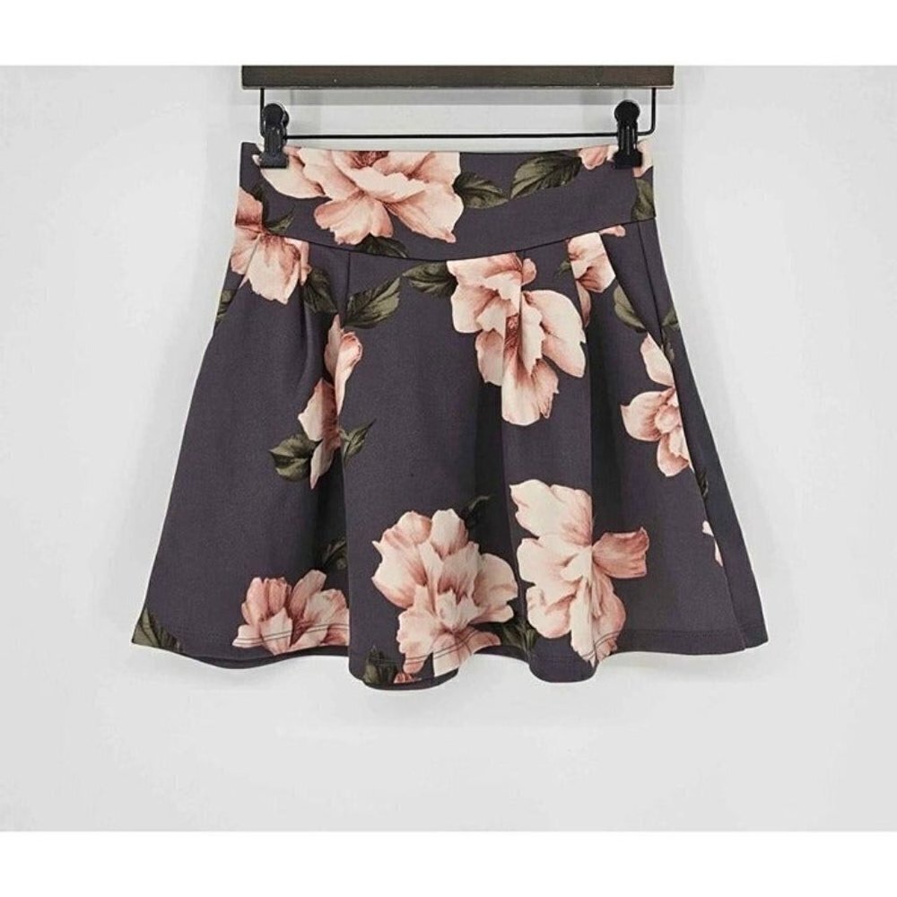 Potters Pot Womens Gray Peach Colored Bold Floral Print Zip Back Skirt Sz Small